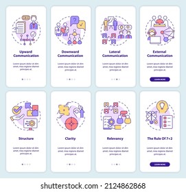 Effective business communication onboarding mobile app screen set. Walkthrough 4 steps graphic instructions pages with linear concepts. UI, UX, GUI template. Myriad Pro-Bold, Regular fonts used
