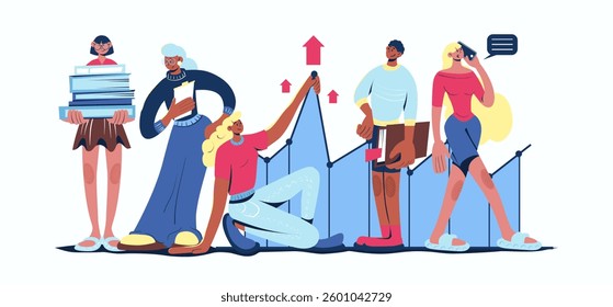 Effective business concept in cartoon web design. People developing project, achieving progress at profit graph with earning raising performance. Flat vector illustration isolated on white background.