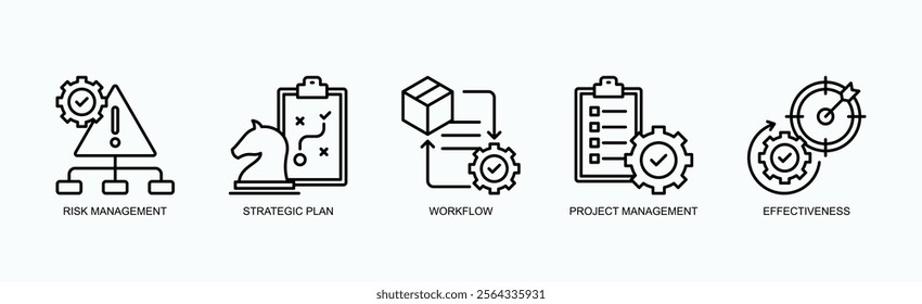 Effective Business Operations And Planning Icon Set Vector Illustration Concept With Icon Of Risk Management, Strategic Plan, Workflow, Project Management, Effectiveness In Outline Style