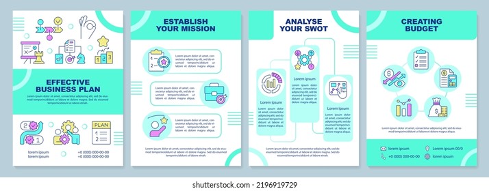 Effective business plan turquoise brochure template. Leaflet design with linear icons. Editable 4 vector layouts for presentation, annual reports. Arial-Black, Myriad Pro-Regular fonts used