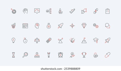 Effective business startup, efficient process and operation, quality line icon set. Management efficiency, venture or project profit, cost thin black and red outline symbols vector illustration