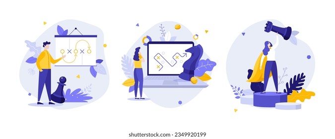 Effective business strategy concept flat vector illustrations set. Plan of company development. Road map to success cartoon compositions for web design. Creative idea for website, mobile, presentation