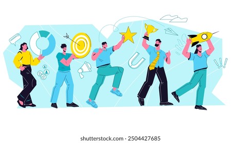 Effective business team, enterprising and ambitious people engaged in entrepreneurship and business activities, flat vector illustration isolated on white.