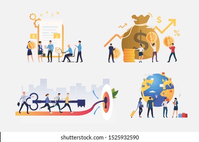 Effective business team illustration set. Businesspeople travelling, signing contract, trading on stock exchange.. Business concept. Vector illustration for banners, layouts, website design