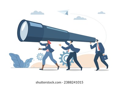 Effective business teamwork in an organization or company, Searching for new goals or searching for new technological innovations, Business team holding big binoculars for target analysis. Vector.