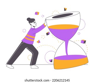 Effective business time management organising concept. Time schedule manager with big hourglass flat isolated vector illustration. Time management organising outline concept