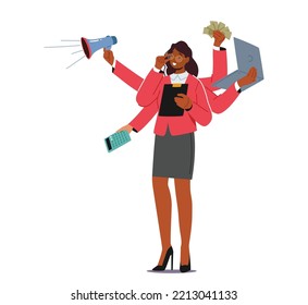 Effective Business Woman Managing Multiple Tasks. Multitasking, Project Time Management, Personal Productivity Concept. Isolated Busy Girl With Many Hands At Work. Cartoon People Vector Illustration