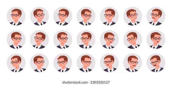 Effective businessman avatar, office manager portrait set business employee bundle. Different emotions face icons, character pic. Vector flat style cartoon circle set isolated on white background