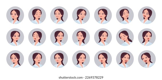 Effective businesswoman avatar, office manager portrait set business employee bundle. Different emotions face icons, character pic. Vector flat style cartoon circle set isolated on white background