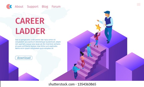 Effective Career Ladder Horizontal Flat Banner. Vector Illustration Landing Page. Woman Holds in Hand Gold Star Front Big Man.