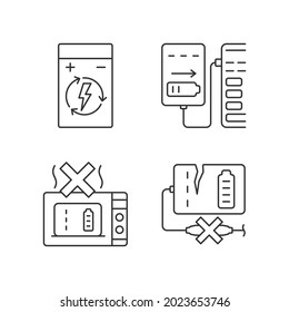 Effective charger use linear manual label icons set. Rechargability. Customizable thin line contour symbols. Isolated vector outline illustrations for product use instructions. Editable stroke