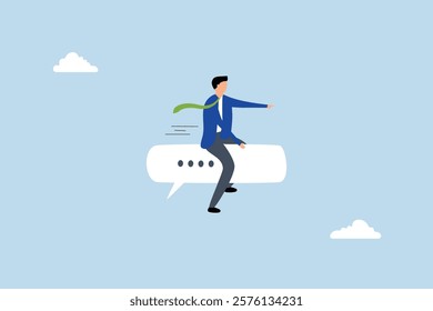 Effective communication for business leader, happy entrepreneur on a speech bubble directing towards a goal. 