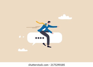 Effective communication for business leader, sending message, announcement or dialog for success, meeting talk or communicate idea concept, cheerful businessman ride speech bubble pointing to target.