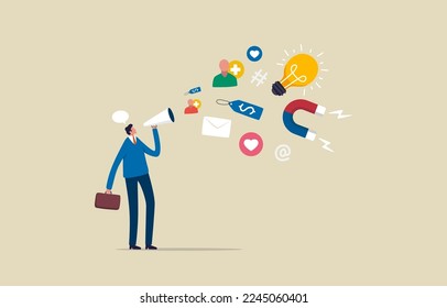 Effective communication for Business. Promote marketing campaigns. Businessman marketer using megaphone for promotion or public relations. Illustration