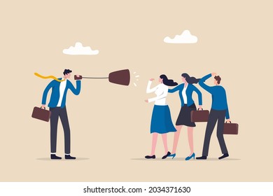 Effective Communication, Clear And Concise Message, Leadership Skill To Communicate With Team Concept, Confidence Businessman Manager Talk With Team Through Megaphone In Clear Discussion Meeting.