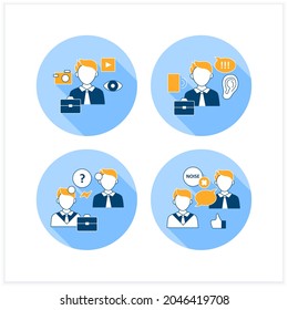 Effective communication flat icons set. Visual communication, active listening, choosing right medium, misunderstanding. Intercourse concept. Vector illustrations