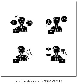 Efectivo conjunto de iconos glifos de comunicación.Comunicación ineficaz, verbal, no verbal. Intercambio de pensamientos, conocimiento en mensajes.Señales planas rellenadas. Ilustraciones vectoriales aisladas de siluetas