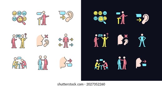 Effective communication light and dark theme RGB color icons set. Socialization. Assertive speaker. Isolated vector illustrations on white and black space. Simple filled line drawings pack