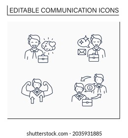 Effektive Kommunikationslinien-Symbole gesetzt. Emotionale Intelligenz, Selbstvertrauen, klare Botschaft, Informationsaustausch. Interkurskonzept. Einzelne Vektorgrafiken.Bearbeitbarer Strich