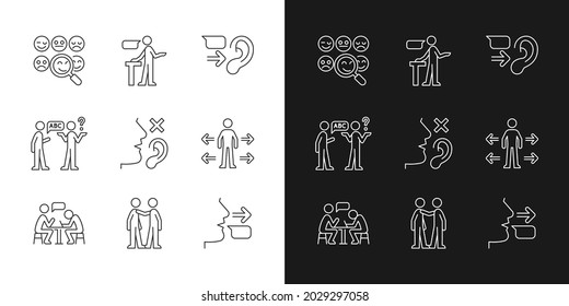 Effective communication linear icons set for dark and light mode. Socialization. Assertive speaker. Customizable thin line symbols. Isolated vector outline illustrations. Editable stroke