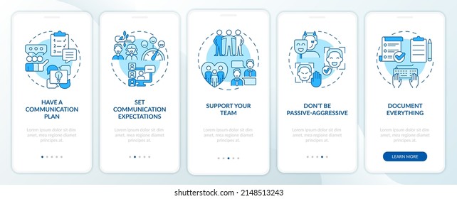 Effective communication management blue onboarding mobile app screen. Walkthrough 5 steps graphic instructions pages with linear concepts. UI, UX, GUI template. Myriad Pro-Bold, Regular fonts used