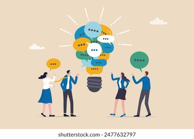 Effective communication, meeting discussion or conversation solution, speak or telling intelligence information, team opinion new idea concept, business people discuss with lightbulb speech bubble.