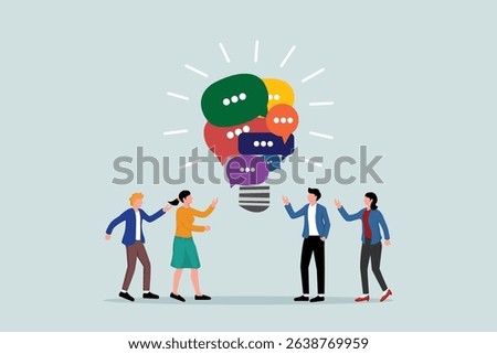 Effective communication, meeting discussion or conversation solution, speaking or conveying intelligence information, team opinion, new idea concept, discus with light bulb speech 