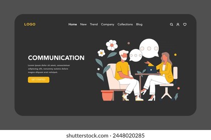 Effective Communication night or dark mode web or landing page. Illustration showcasing a coach and client in a dynamic exchange, highlighting active listening and thoughtful sharing.