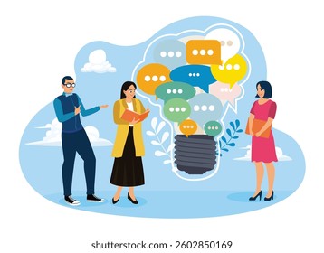 Effective communication. Office people chat and discuss business ideas with light bulb speech bubbles. Flat vector illustration.