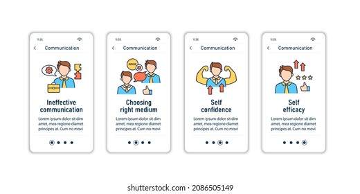 Effective communication onboarding mobile app screens.Choosing right medium, self confidence, self efficacy steps menu. Set of UI, UX, web template with RGB color linear icons