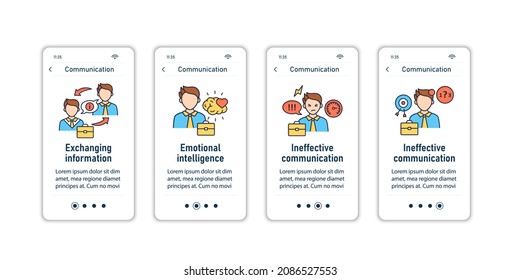 Effective communication onboarding mobile app screens.Exchanging information, emotional intelligence, ineffective communication steps menu. Set of UI, UX, web template with RGB color linear icons