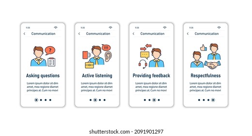 Effective communication onboarding mobile app screens.Asking question, active listening, providing feedback, respectfulness. Set of UI, UX, web template with RGB color linear icons