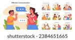 Effective communication set. Joyful parents and children showcase key communication skills. Listening without interrupting, active listening, and avoiding criticism. Flat vector illustration