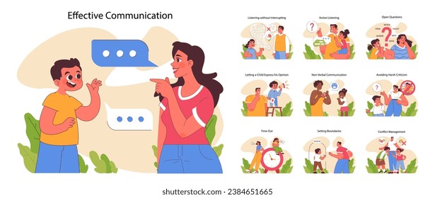 Conjunto de comunicaciones efectivo. Los jóvenes padres y niños muestran habilidades de comunicación clave. Escuchar sin interrupción, escuchar activamente y evitar críticas. Ilustración vectorial plana