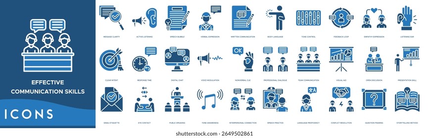 Effective Communication Skills Icon set. Message Clarity, Active Listening, Speech Bubble, Verbal Expression, Written Communication and Body Language