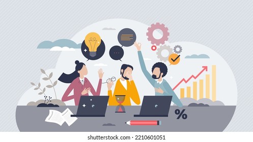 Effective Communication In Workplace And Business Idea Sharing Tiny Person Concept. Knowledge Sharing And Productive Partners Office Scene With Colleague Chatting And Collaboration Vector Illustration