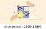 Effective competence is depicted through puzzle pieces with gears, a book, and a lightbulb, symbolizing knowledge and innovation. Neubrutalism style.