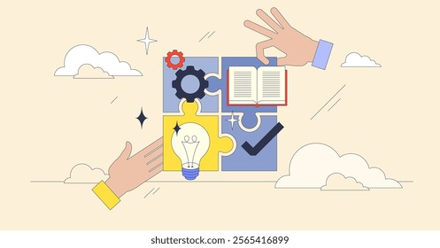 Effective competence is depicted through puzzle pieces with gears, a book, and a lightbulb, symbolizing knowledge and innovation. Neubrutalism style.