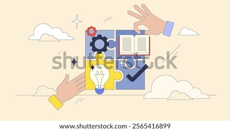 Effective competence is depicted through puzzle pieces with gears, a book, and a lightbulb, symbolizing knowledge and innovation. Neubrutalism style.