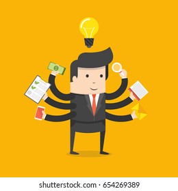Effective competent leader, businessman or manager with many hands doing a lot of tasks. Multitasking, versatility, competence, management concept. Flat cartoon vector illustration.