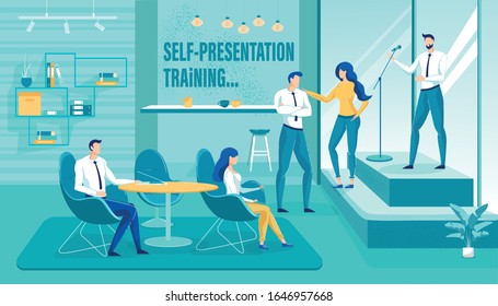 Effective and Confident Self-Presentation Training. Flat Poster Advertising Business Coaching Courses. Cartoon Businesspeople Practicing Perform on Stage with Microphone. Vector Illustration