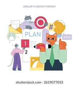 Effective content strategy development depicted through playful characters and visual elements, highlighting planning, goal-setting, and creative ideas in marketing. Engaging design for business needs