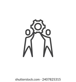 Effective cooperation line icon. Two person and gear linear style sign for mobile concept and web design. Working together outline vector icon. Symbol, logo illustration. Vector graphics