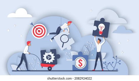 Effective Cooperation And Teamwork. Group Of Employees Working With Puzzle Pieces, Communication And Dynamic Collaboration Process Of Community 3d Flat Vector Illustration. Project Management Concept