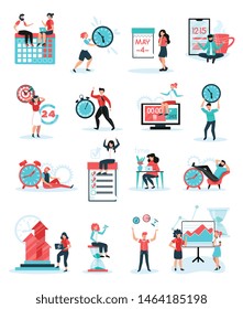 Consejos eficaces de administración del tiempo corporativo 16 iconos planos establecidos con objetivos de cooperación del trabajo en equipo planificación prioritaria ilustración vectorial  