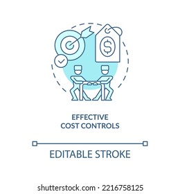 Un icono de concepto turquesa controla los costes efectivos. Ilustración de línea delgada de idea abstracta de ventaja competitiva. Dibujo de contorno aislado. Trazo editable. Fuentes Arial, Myriad Pro-Bold utilizadas