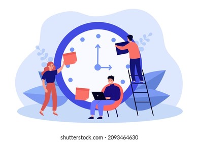 Effective deadline plan of working employees with clock. Work efficiency of tiny people flat vector illustration. Productivity, time management concept for banner, website design or landing web page