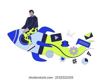 Effective digital marketing strategy 2D illustration concept. Indian man riding rocket cartoon character isolated on white. Accelerating business in social media metaphor abstract flat vector graphic