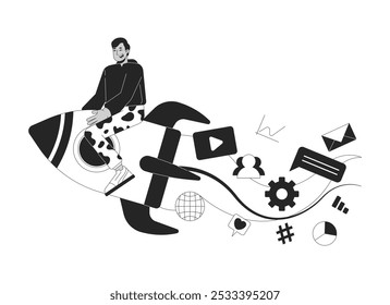 Effective digital marketing strategy black and white 2D illustration concept. Indian man riding rocket outline character isolated. Accelerating business in social media metaphor monochrome vector art