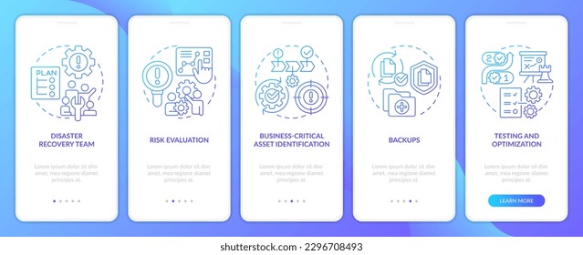 Effective disaster recovery plan blue gradient onboarding mobile app screen. Walkthrough 5 steps graphic instructions with linear concepts. UI, UX, GUI template. Myriad Pro-Bold, Regular fonts used